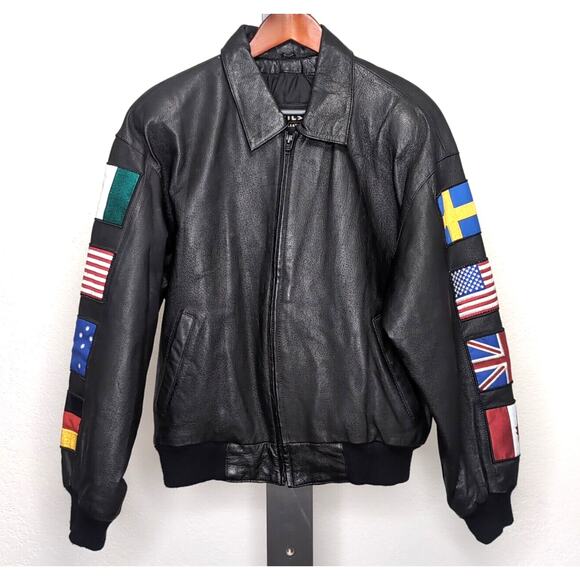 VTG Wilsons Leather Bomber Jacket Men's M Black USA Flag International Flags - Picture 2 of 16